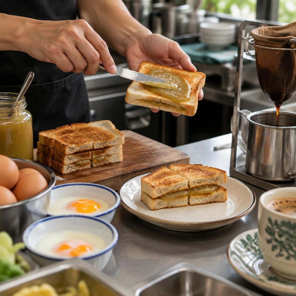 Illustration of kaya being spread on toast, with soft-boiled eggs and kopi poured through a cloth filter